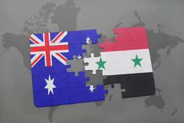 puzzle with the national flag of australia and syria on a world map background.