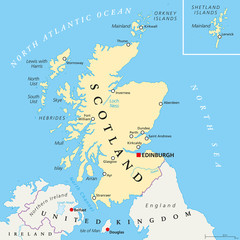 Obraz premium Independent Scotland political map with capital Edinburgh, national borders and important cities. Fictive map of Sotland as independent sovereign state after leaving United Kingdom. English labeling.