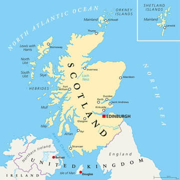 Independent Scotland political map with capital Edinburgh, national borders and important cities. Fictive map of Sotland as independent sovereign state after leaving United Kingdom. English labeling.