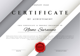 Template certificate design in silver color. Award certificate in a flat style. Diploma frame awarding, with red sealing wax. Border background certificate. Premium certificate template