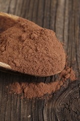 Cocoa powder in wooden spoon