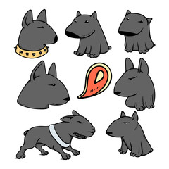 Dogs characters pitbull. Funny animals cartoon. Doodle dog. Sticker dog pitbull. Funny character dogs. Set dog isolated pitbull.