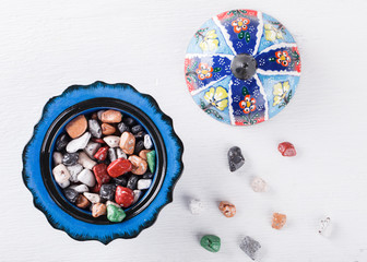 Oriental sweets,candies,pebbles, in traditional Turkish ceramic dishes.selective focus.