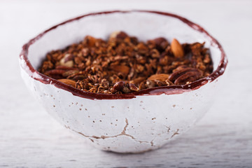 Granola with  honey.Healthy dry Breakfast.selective focus.