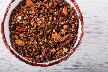 Granola with  honey.Healthy dry Breakfast.selective focus.