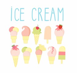 Set of colorful ice cream desserts. Vector illustration.