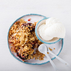 Crumble plums with a circle of white ice cream.