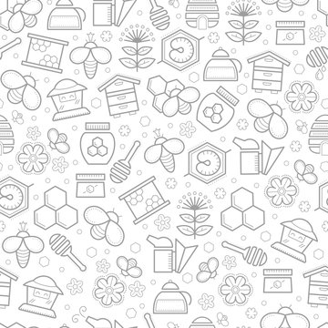 Seamless honey pattern with stroked beekeeping signs - honey bees, bee cells, beehives, honey ladle and flowers