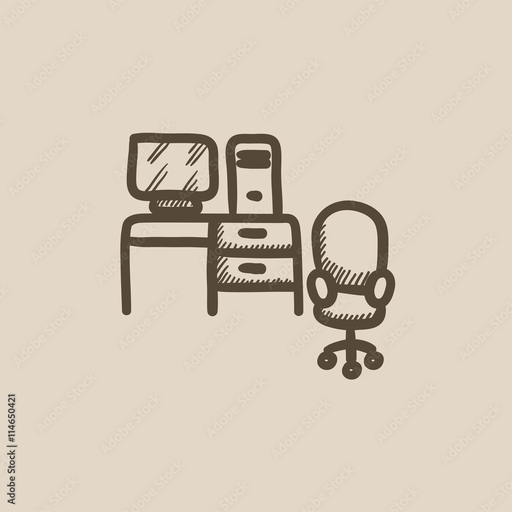Poster computer set with table and chair sketch icon.