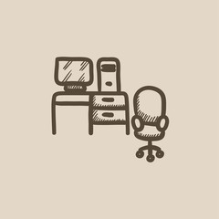 Computer set with table and chair sketch icon.