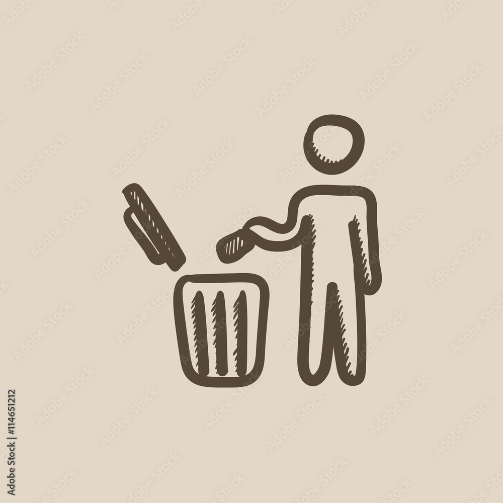Aufkleber man throwing garbage in a bin sketch icon.