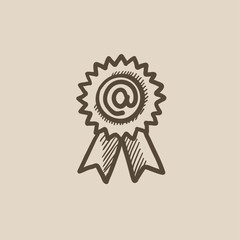 Award with at sign sketch icon.