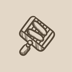 Grilled sausage on grate for barbecue sketch icon.