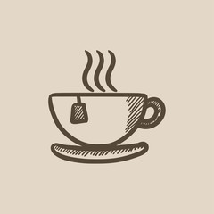 Hot tea in cup sketch icon.