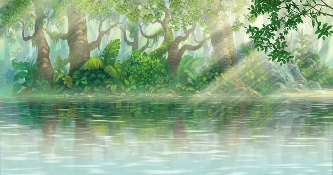 rays of sunshine on river inside green illustration forest