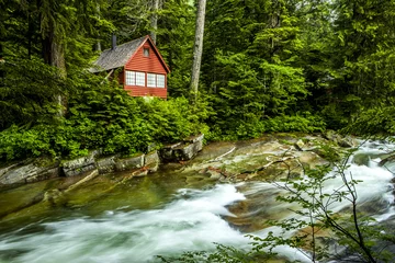 Fotobehang Fast river and cabin. © Gregory Johnston