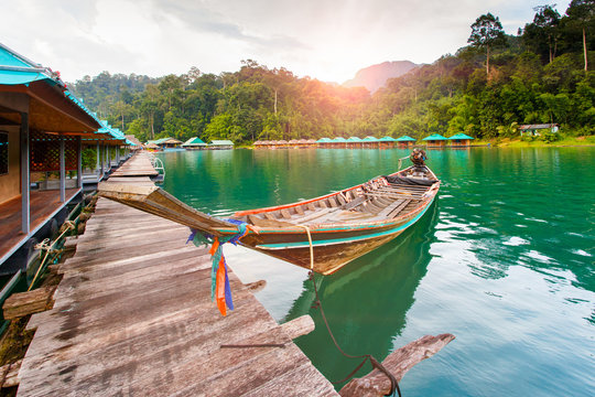 Travel by small boats, Ratchaprapha dam area in Surat Thani province, Thailand.