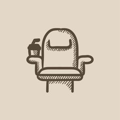 Cinema chair with disposable cup sketch icon.