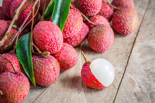 Lychee, Fresh lychee and peeled showing the red skin and white f