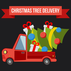 Delivery flat transport truck, van with xmas tree on black