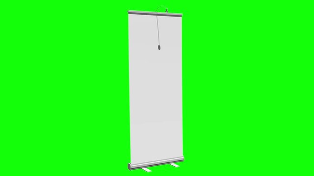 Blank Roll Up Banner Stand. Trade show booth white and blank. 3d motion graphic on green screen chroma key background. Available in 4K FullHD and HD video render footage.