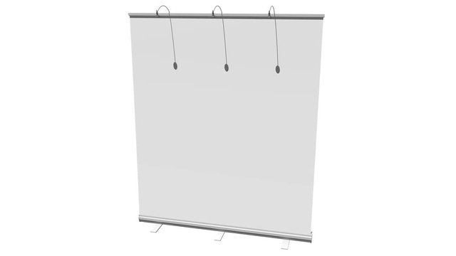 Blank Roll Up Banner Stand. Trade show booth white and blank. 3d motion graphic isolated on white background. Available in 4K FullHD and HD video render footage. Alpha matte channel included.