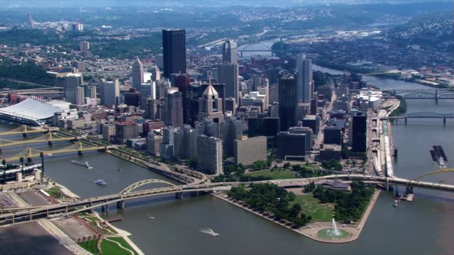 Flying over Allegheny and Monongahela Rivers toward Pittsburgh, Pennsylvania. Shot in 2003.