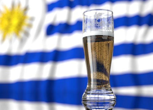 a glass of beer in front a Uruguayan flag. 3D illustration rendering.