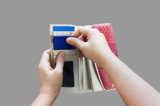 Hands Pull Credit Or Debit Card Out Of Wallet