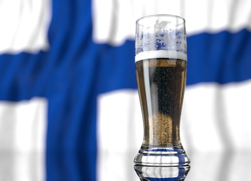 a glass of beer in front a Finland  flag. 3D illustration rendering.