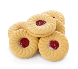 Sandwich biscuits with strawberry on white background
