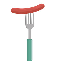 green and grey fork with red sausage front view over isolated background, vector illustration 