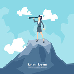 Business Woman Looking Through Telescope Standing on Top Mountain