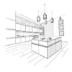 Interior sketch of modern kitchen with island. - 114658601