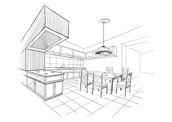 Interior sketch of modern kitchen with island. - 114658617