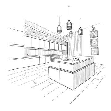 Interior sketch of modern kitchen with island.
