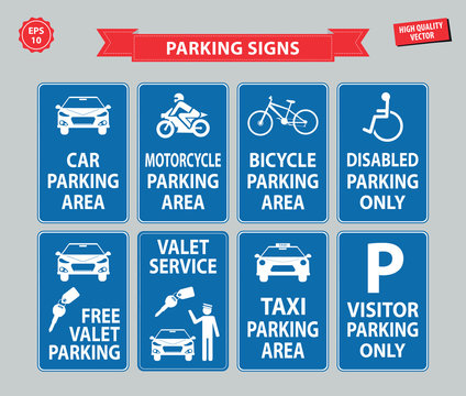 Car Parking Sign (car parking area, motorcycle, bicycle, disabled parking only, free valet parking, valet service, taxi parking, visitor parking only)