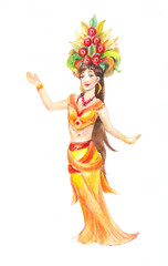 Woman wearing typical thai clothes in watercolor, isolated on wh
