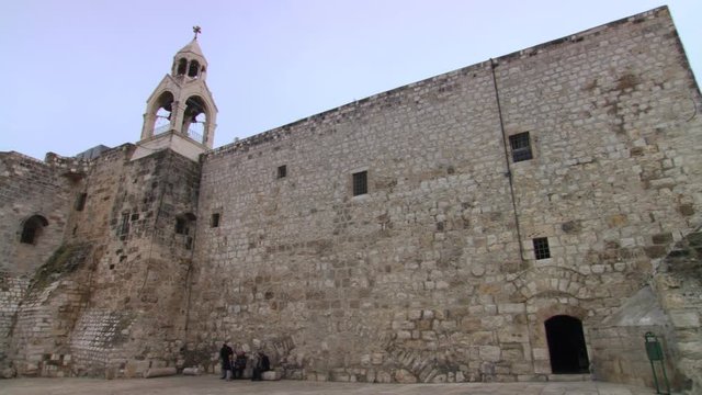 Left pan over courtyard of the Church of the Nativity in Bethlehem