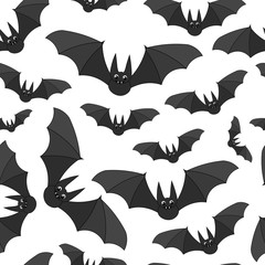 Background cute cartoon bats. Background bat with big eyes and fangs. Background pattern funny smiling bats.