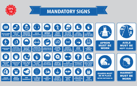 mandatory signs, construction health, safety sign used in industrial applications (safety helmet, gloves, ear protection, eye protection, foot protection, hairnet, respirator, mask, antistatic, apron)