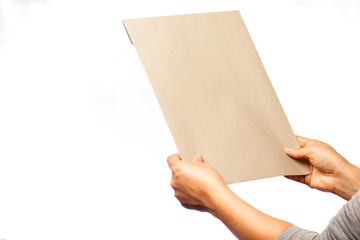 A female(woman) hand hold the empty envelope isolated white