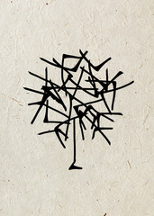 Fototapeta premium Drawing abstract tree on a beige rice paper. Black silhouette on a beige rice paper. Picture In the style of Chinese painting sumi-e. Graphic arts.