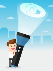 businessman holding huge flashlight project light rays signal spotlight with idea symbol
