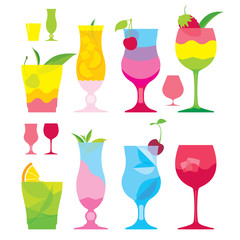 isolated set of colorful cocktails in glasses with fruit, flat illustration