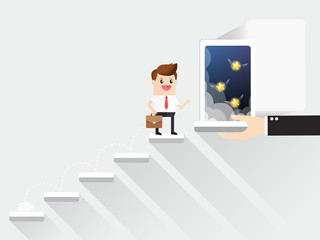 businessman thumb up getting best opportunity with hand of mentor or boss remove gap of stairway to success door