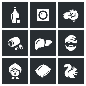 Vector Set of Alcohol Addiction Icons. Hooch, patch, brain, pills, liver, alcoholic, old woman, pillow, squirrel.