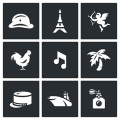 Vector Set of France Icons. Army, Paris, Eiffel Tower, Romantic, Rooster, Music, Legion, Aircraft Carrier, Perfume.