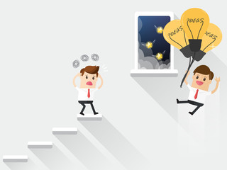 competition of businessman afraid to jump over gap of stairway with rival businessman have powerful ideas