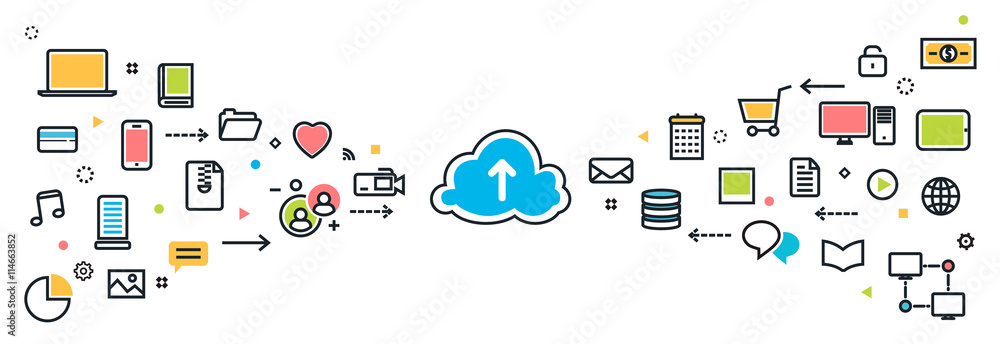 Poster vector flat line modern design illustration concept of saving cloud service with icons long backgrou